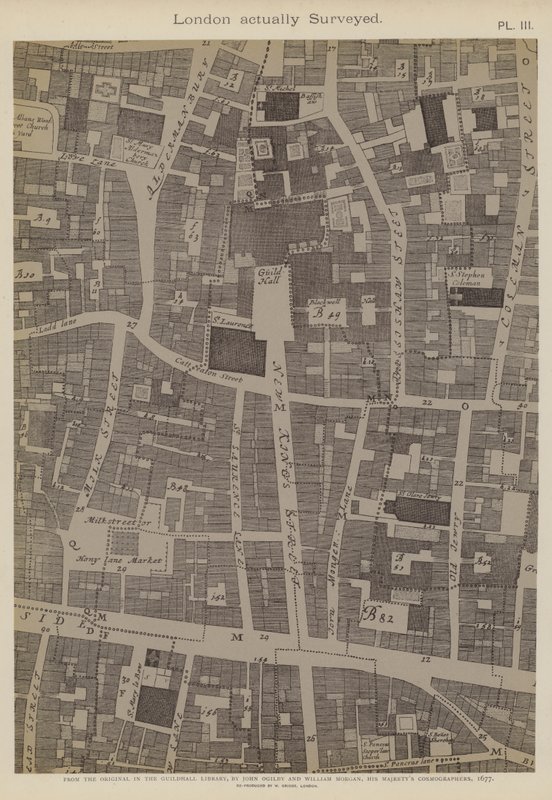 Mapa części londyńskiego City, pokazująca lokalizację Guildhall autorstwa John Ogilby