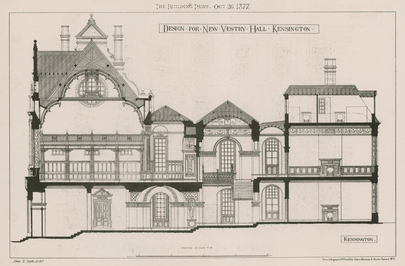 Projekt dla New Vestry Hall, Kensington autorstwa John Oldrid Scott