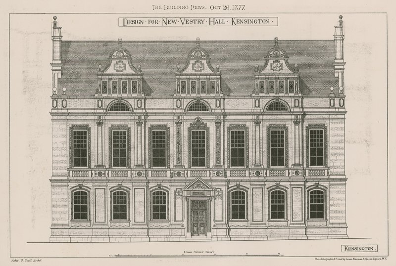Projekt dla New Vestry Hall, Kensington, Londyn autorstwa John Oldrid Scott