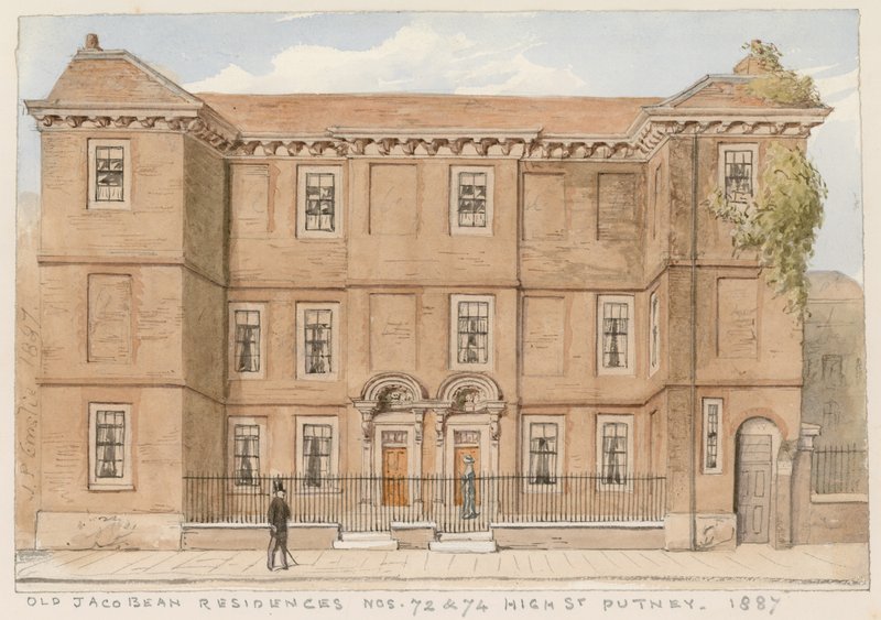 Stare jakobiańskie rezydencje, nr 72 i 74, High Street, Putney, Londyn, 1887 autorstwa John Phillipp Emslie
