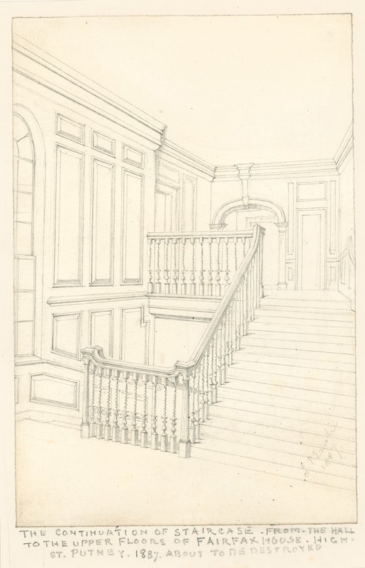 Kontynuacja klatki schodowej, od holu do wyższych pięter, Fairfax House, High Street, Putney, 1887 autorstwa John Phillipp Emslie