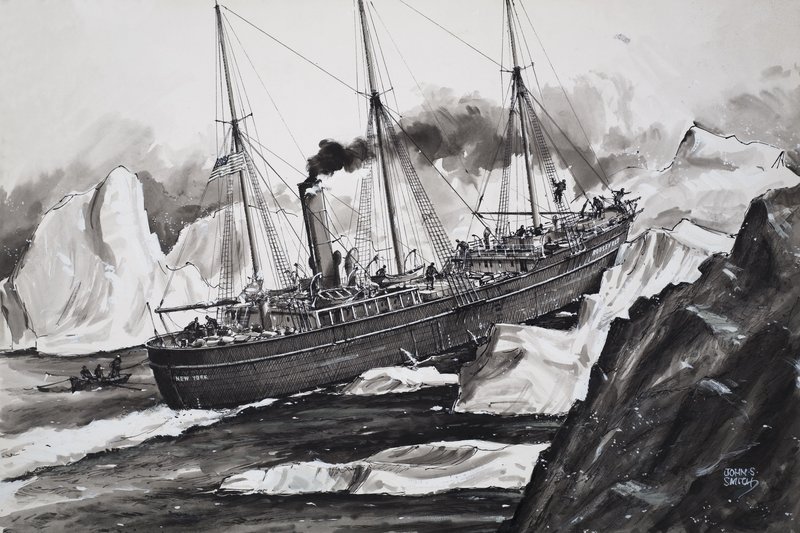 Roosevelt przebijający się przez lód, aby dotrzeć do bieguna północnego (gwasz na papierze) autorstwa John S. Smith