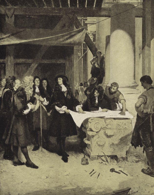 Król Karol II odwiedzający sir Christophera Wrena podczas budowy katedry św. Pawła, koniec XVII wieku (lito) autorstwa John Seymour (after) Lucas