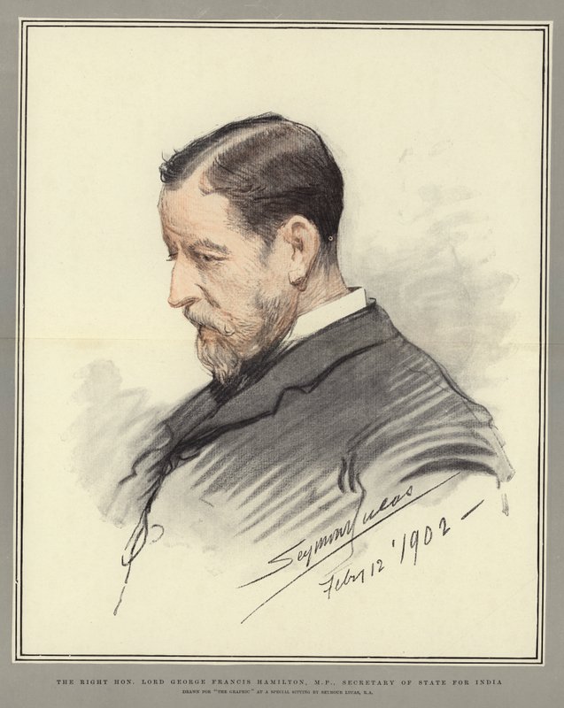 Szanowny Lord George Francis Hamilton, poseł, sekretarz stanu ds. Indii autorstwa John Seymour Lucas