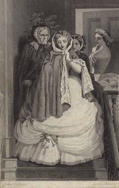 Piękna dziewczyna, ubrana na imprezę, schodząc po schodach autorstwa John Tenniel