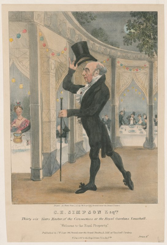 C H Simpson Esquire, mistrz ceremonii w Ogrodach Królewskich, Vauxhall autorstwa John W. Gear