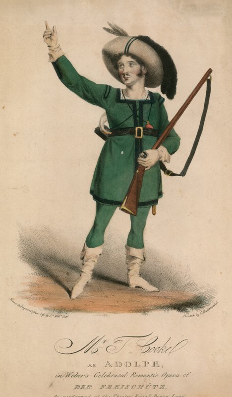 Mr T Cooke jako Adolph w słynnej operze romantycznej Der Freischutz Webera wystawionej w Theatre Royal Drury Lane autorstwa John W. Gear