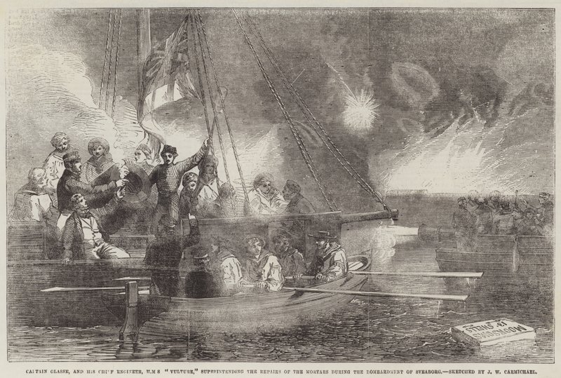 Kapitan Glasse i jego główny inżynier HMS Vulture nadzorują naprawy moździerzy podczas bombardowania Sveaborg autorstwa John Wilson Carmichael