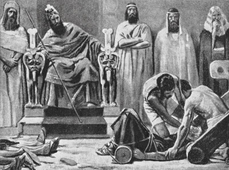 Sedekiasz zostaje oślepiony i zabrany do Babilonu, 586 r. p.n.e. (litografia) autorstwa Jose (after) Villegas y Cordero