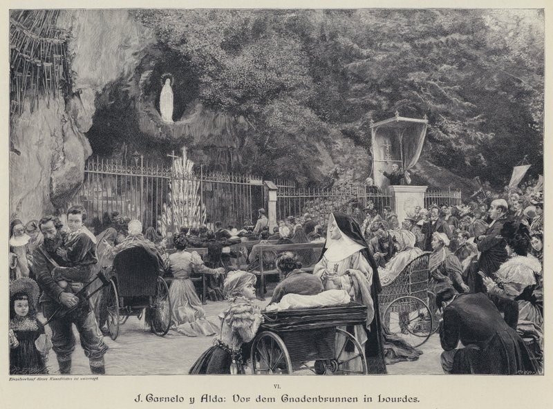 Grota Massabielle, Lourdes, Francja (rycina) autorstwa Jose Garnelo y Alda