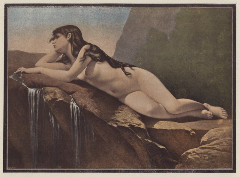 Kobieta leżąca na skale (kolor litho) autorstwa Jose Nicolas Aussandron