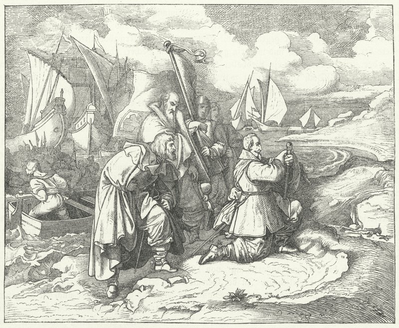 Gustavus Adolphus ze Szwecji ląduje w Niemczech, aby przystąpić do wojny trzydziestoletniej autorstwa Josef Mathias (after) Trenkwald