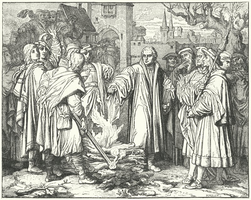 Marcin Luter palący bullę papieską w Wittenberdze, 1520 autorstwa Josef Mathias Trenkwald