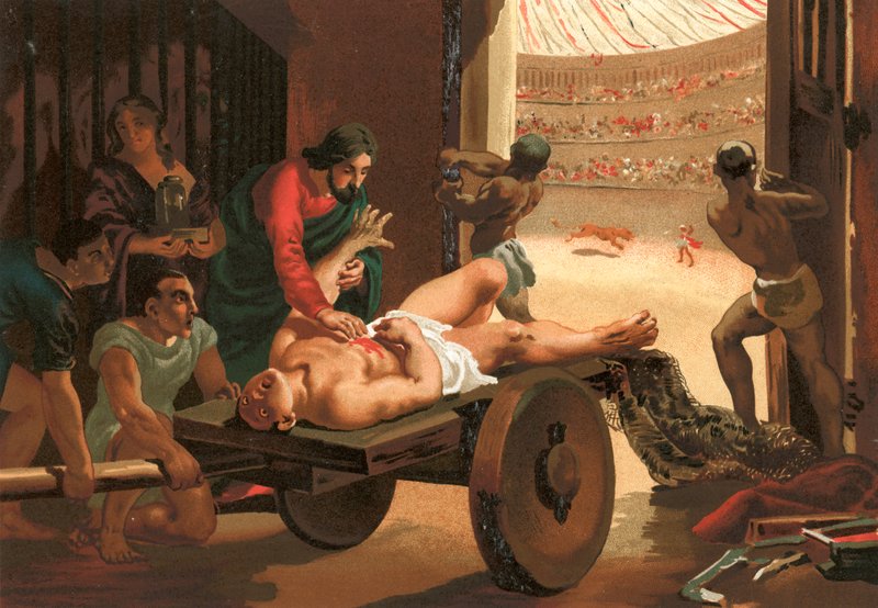 Galen asystujący gladiatorowi, ranny w cyrku w Bergamo autorstwa Josep or Jose Planella Coromina