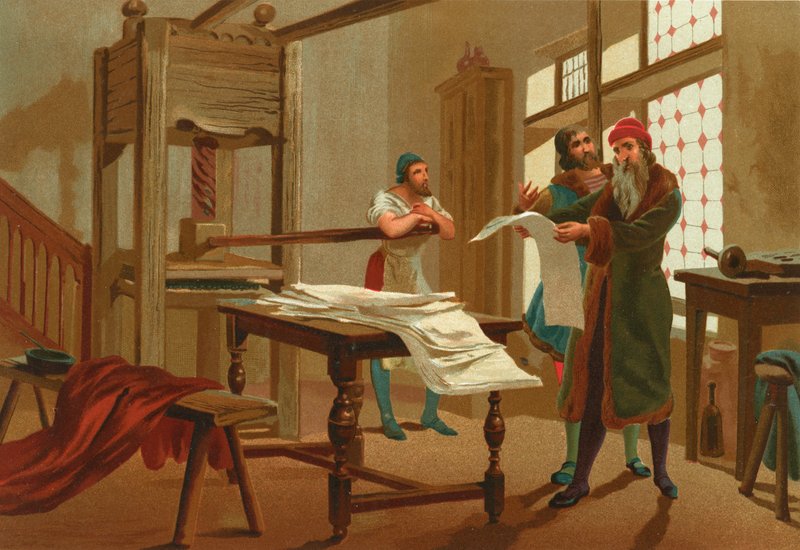 Gutenberg drukuje pierwszą stronę Biblii autorstwa Josep or Jose Planella Coromina