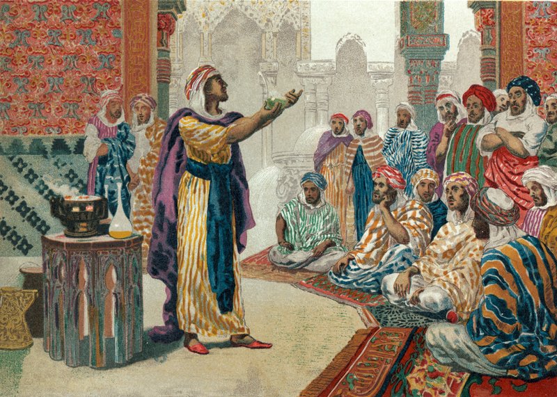 Jabir ibn Hayyan nauczający chemii w Edessie autorstwa Josep or Jose Planella Coromina