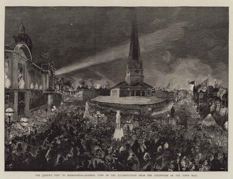 Wizyta królowej w Birmingham, widok ogólny iluminacji z kolumnady ratusza autorstwa Joseph Finnemore