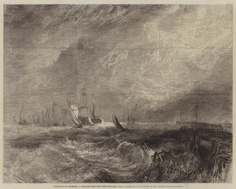 Łodzie rybackie wnoszące niepełnosprawny statek do portu Rysdael autorstwa Joseph Mallord William Turner