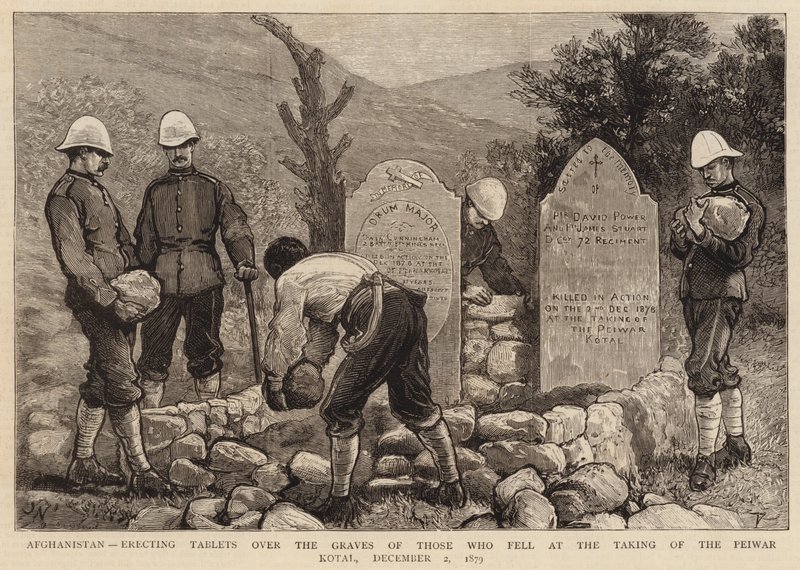 Afganistan, wznoszenie tablic nad grobami poległych podczas zdobywania Peiwar Kotal, 2 grudnia 1879 autorstwa Joseph Nash