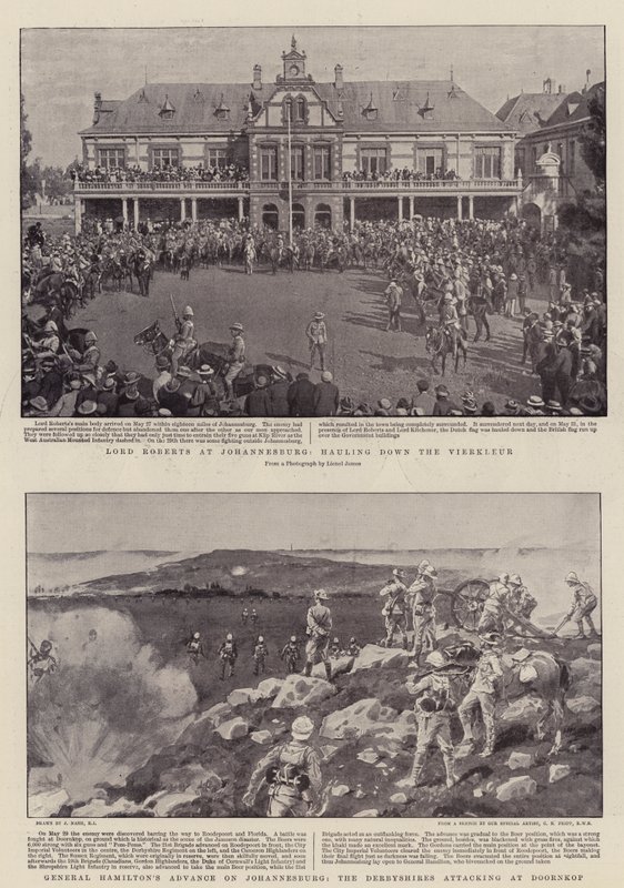 Lord Roberts w Johannesburgu, ciągnąc Vierkleur, Natarcie generała Hamiltona na Johannesburg, Derbyshires atakujący w Doornkop autorstwa Joseph Nash
