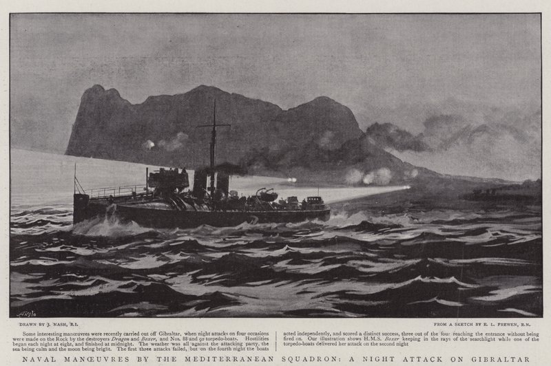 Manewry morskie Eskadry Śródziemnomorskiej, nocny atak na Gibraltar autorstwa Joseph Nash