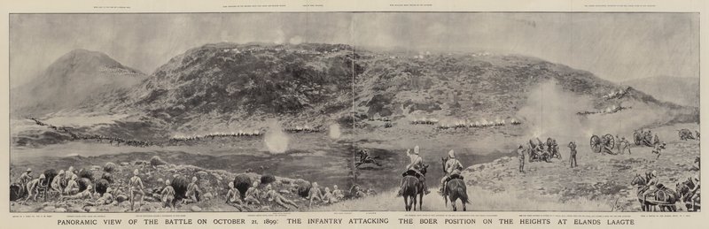 Panoramiczny widok bitwy w dniu 21 października 1899 r. Piechota atakująca pozycję burską na wzgórzach w Elands Laagte autorstwa Joseph Nash