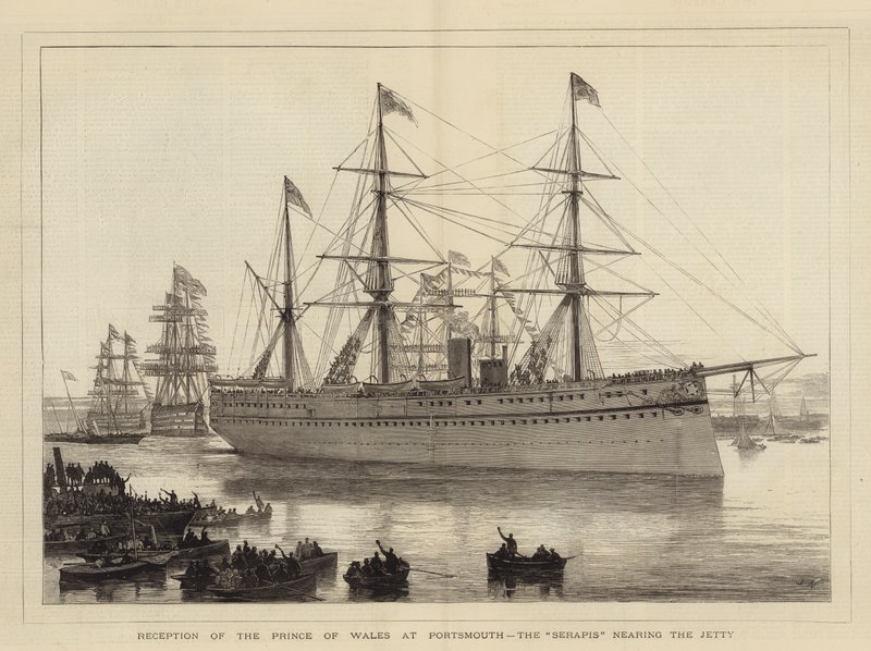 Przyjęcie księcia Walii w Portsmouth, Serapis w pobliżu molo autorstwa Joseph Nash