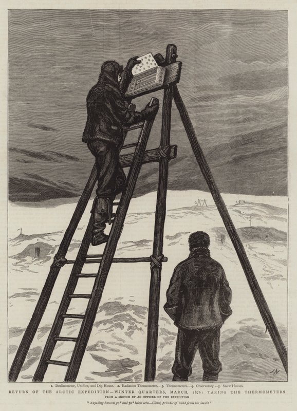 Powrót Ekspedycji Arktycznej, kwatera zimowa, marzec 1876, biorąc pod uwagę termometry autorstwa Joseph Nash