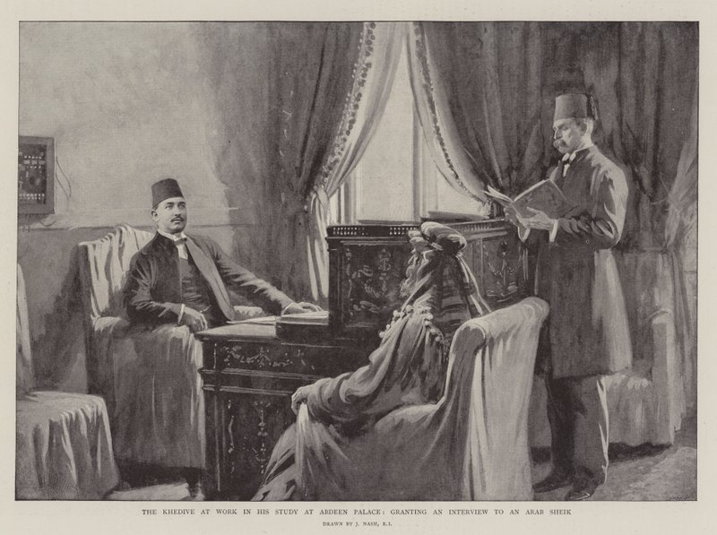 Khedive przy pracy w swoim gabinecie w Abdeen Palace, udzielając wywiadu arabskiemu szejkowi autorstwa Joseph Nash