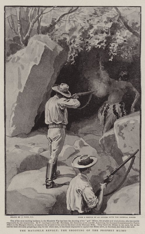 Bunt Matabele, strzelanie do proroka Mlimo autorstwa Joseph Nash