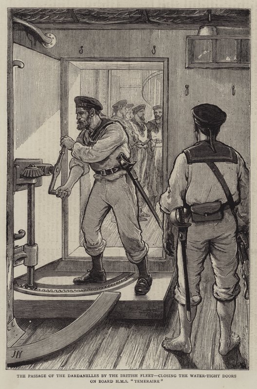 Przejście Dardaneli przez flotę brytyjską, zamykanie wodoszczelnych drzwi na pokładzie HMS Temeraire autorstwa Joseph Nash