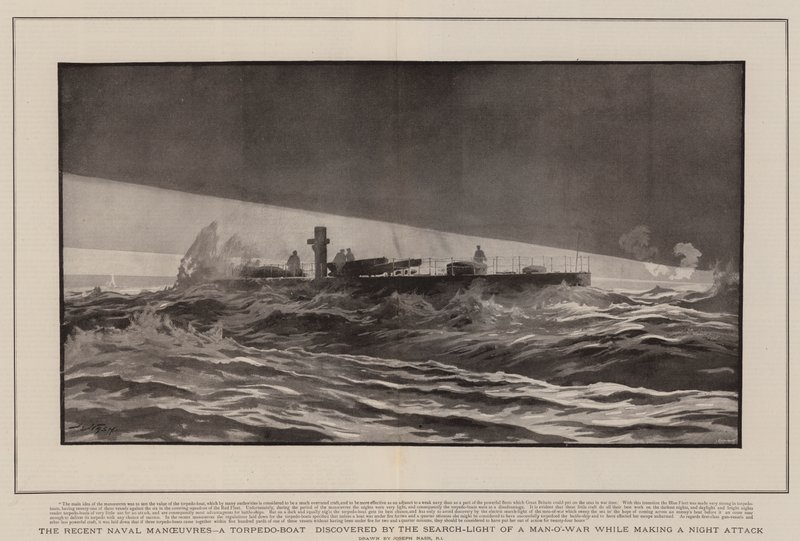 Ostatnie manewry morskie, łódź torpedowa odkryta przez Światło Szperacza Wojny podczas nocnego ataku autorstwa Joseph Nash