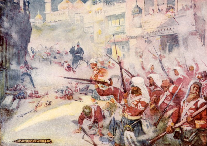 Widziano brytyjskich żołnierzy walczących na ulicach. autorstwa Joseph Ratcliffe Skelton