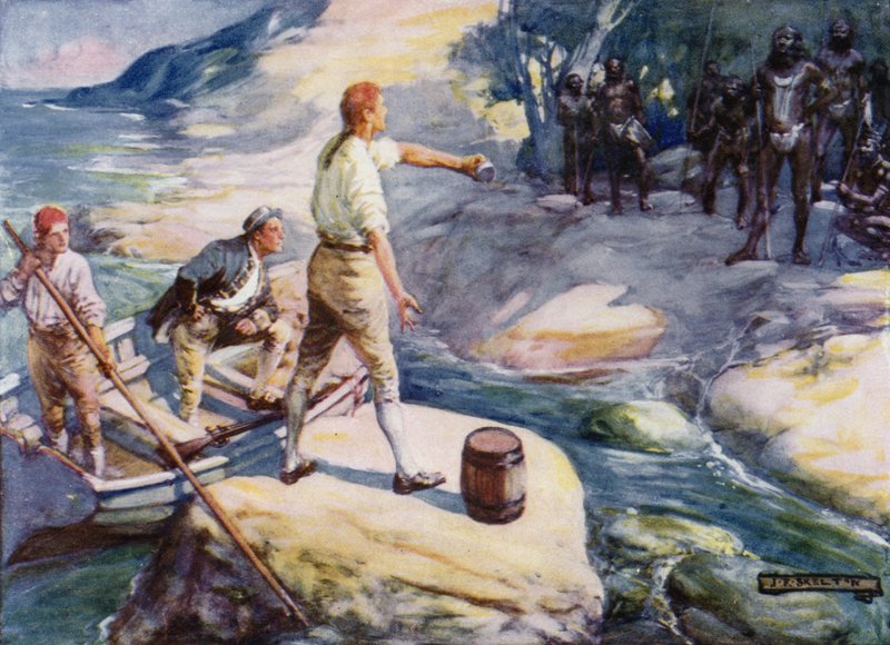 George Bass i Matthew Flinders spotykają grupę Aborygenów, Australia, lata 90. XVIII wieku autorstwa Joseph Ratcliffe Skelton