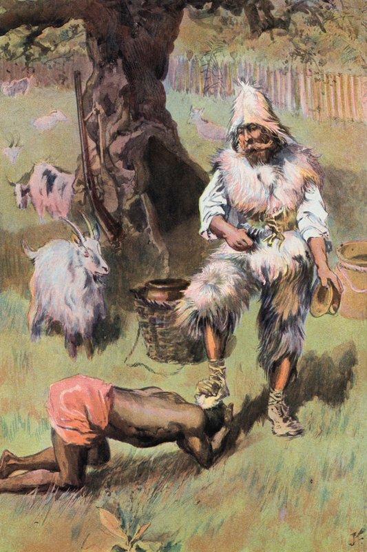 Robinson Crusoe: kładzie moją stopę na głowie (kolor lito) autorstwa Joseph (after) Finnemore