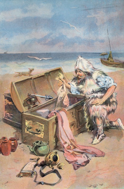 Robinson Crusoe: Badam skrzynie (kolor lito) autorstwa Joseph (after) Finnemore