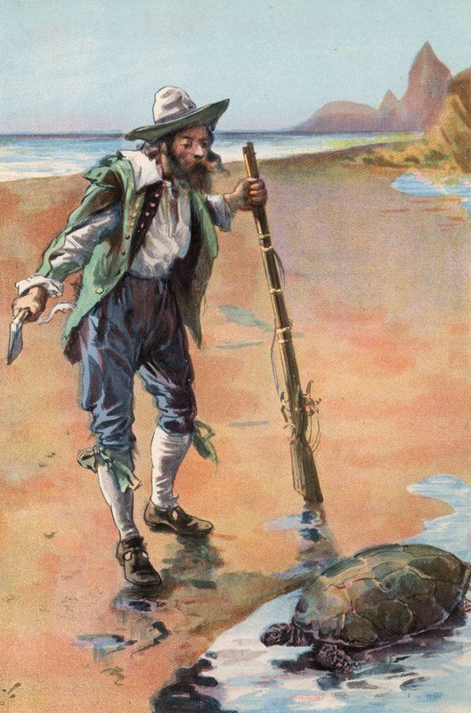 Robinson Crusoe: Znajduję żółwia (kolor lito) autorstwa Joseph (after) Finnemore