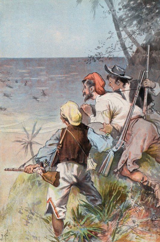 Robinson Crusoe: Najechany przez dzikusów (kolor lito) autorstwa Joseph (after) Finnemore