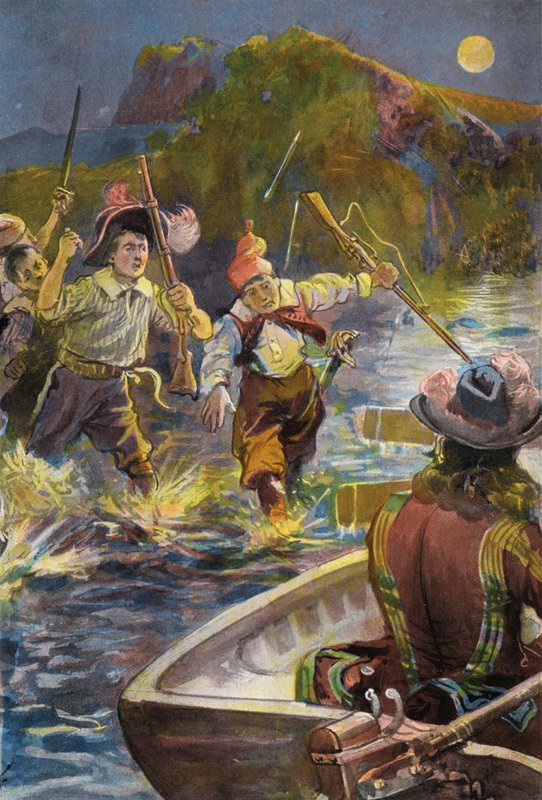 Robinson Crusoe: Nasi ludzie pędzą do łodzi (kolor lito) autorstwa Joseph (after) Finnemore