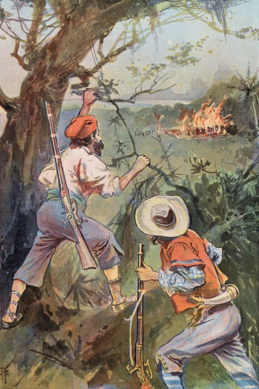 Robinson Crusoe: Płonące chaty (kolor lito) autorstwa Joseph (after) Finnemore