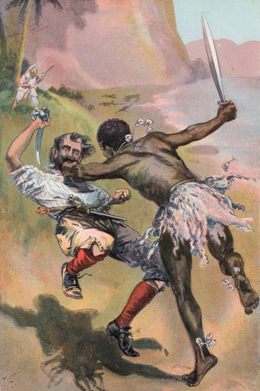 Robinson Crusoe: Hiszpan zostaje zaatakowany przez dzikusa (kolor lito) autorstwa Joseph (after) Finnemore