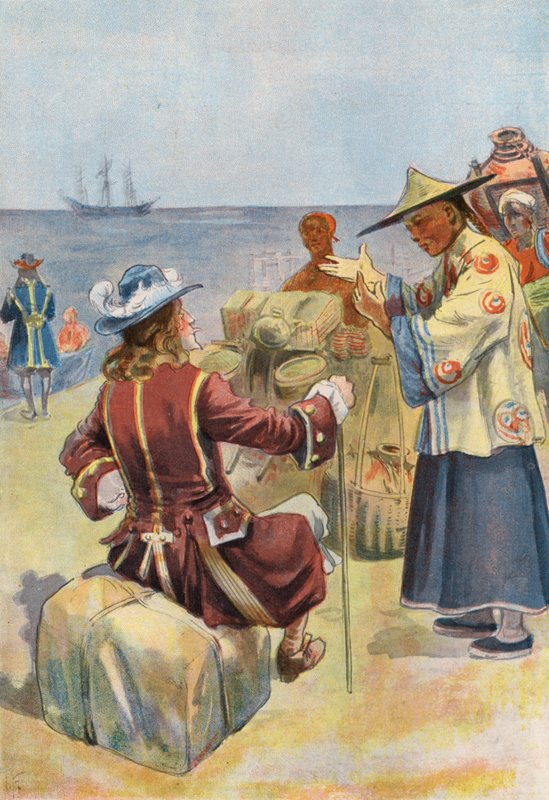 Robinson Crusoe: Handel z chińskimi kupcami (kolor lito) autorstwa Joseph (after) Finnemore