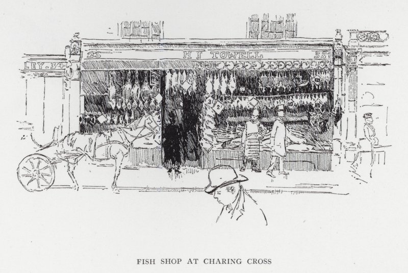 Sklep rybny w Charing Cross (lito) autorstwa Joseph (after) Pennell
