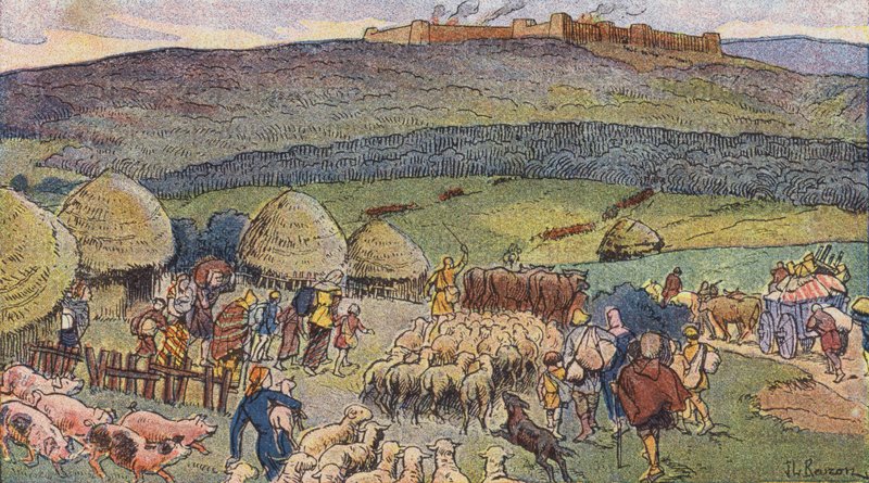 Bibracte, miasto w Galii zamieszkałe przez kowali i schronienie w czasach zagrożenia (kolor lito) autorstwa Joseph Beuzon