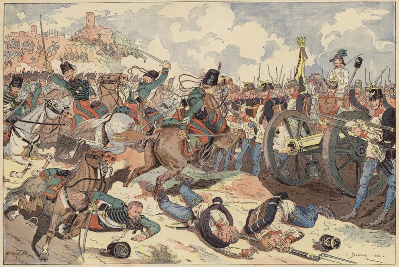 Bitwa pod Solferino, Włochy, Druga włoska wojna o niepodległość, 24 czerwca 1859 (kolor lito) autorstwa Joseph Charles (after) Beuzon