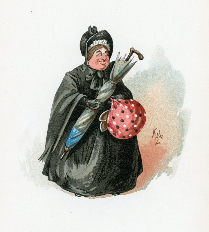 Pani Gamp, ilustracja z „Szkiców postaci Charlesa Dickensa”, ok. 1890 r. autorstwa Joseph Clayton Clarke