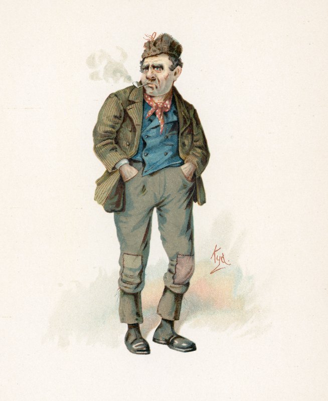Roger „Rogue” Riderhood, ilustracja z „Character Sketches from Charles Dickens”, c.1890 autorstwa Joseph Clayton Clarke