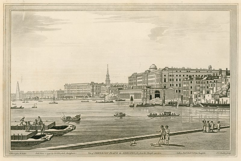 Widok na Somerset Place, Adelphi itp. z Ogrodu Świątynnego autorstwa Joseph Farington
