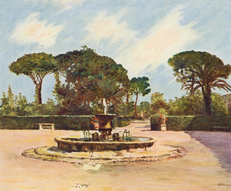 Rzym: Villa Medici, basen i ogród (kolorowa litografia) autorstwa Joseph Felix Bouchor