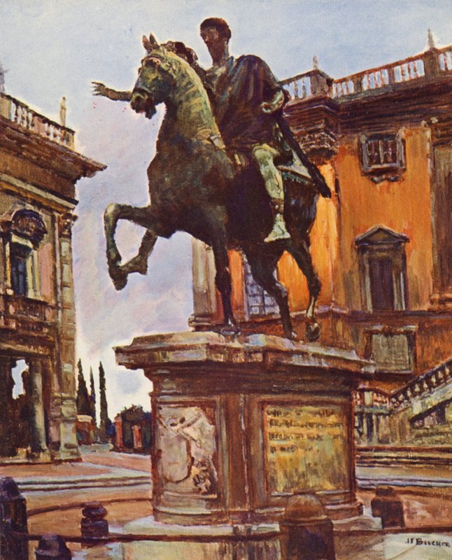Rzym: Posąg Marka Aureliusza, Piazza del Campidoglio (kolorowa litografia) autorstwa Joseph Felix Bouchor